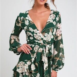 Luxxel Womens Forest Fairy Floral Mini Dress M Green Ruffled Sheer Lined Chiffon